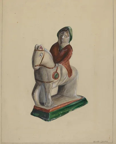 Pa. German Chalkware Woman on Horse by Mina Lowry, index of american design, 1936