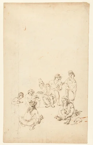 Vechthanen met hun bazen en publiek by Wouter Schouten, drawing, 1660