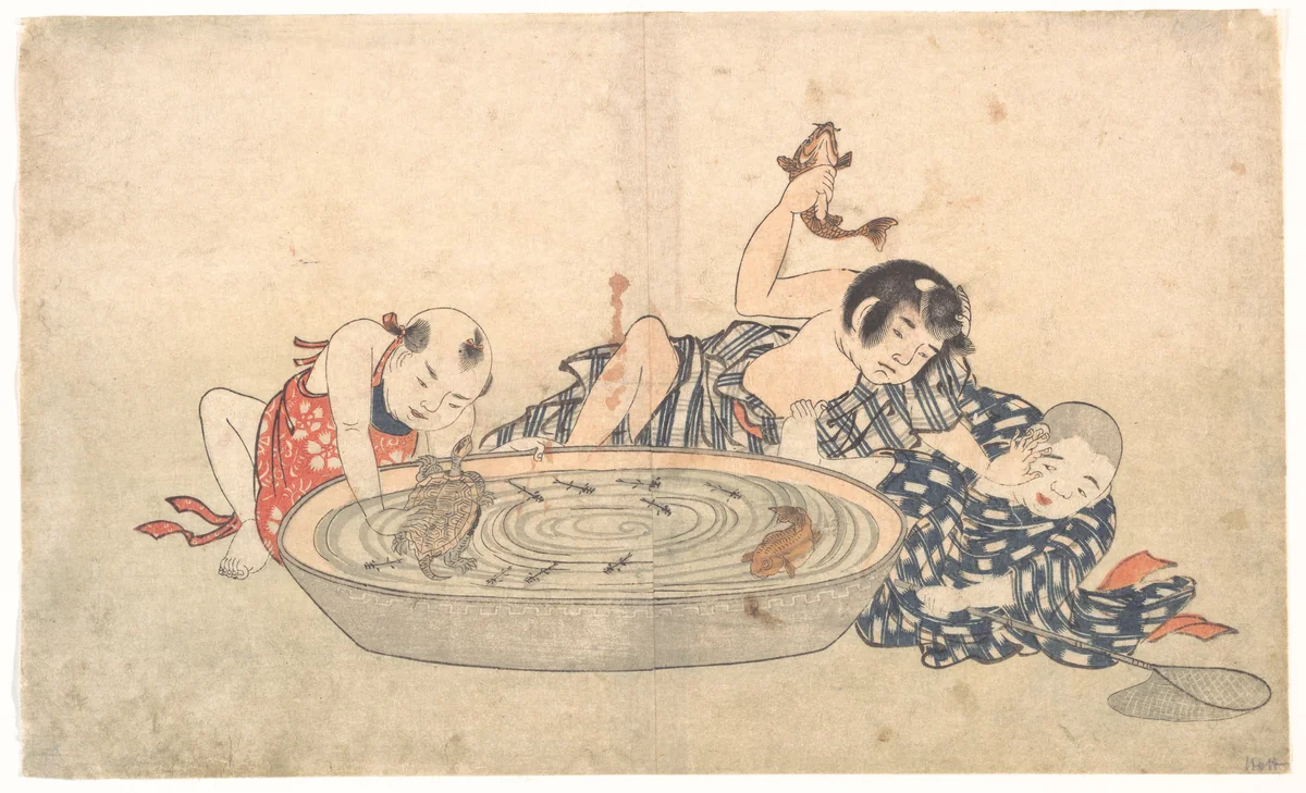 Boys Playing with a Basin of Fish and Turtles by Kitao Shigemasa (北尾重政), print, 1800-1833
