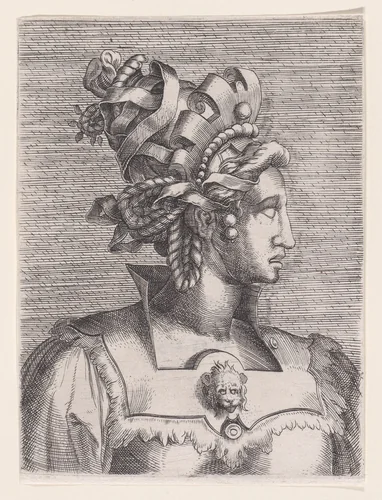 Bust of a Woman Wearing a Fantastic Head-dress and Mask by René Boyvin, print, 1525-1600