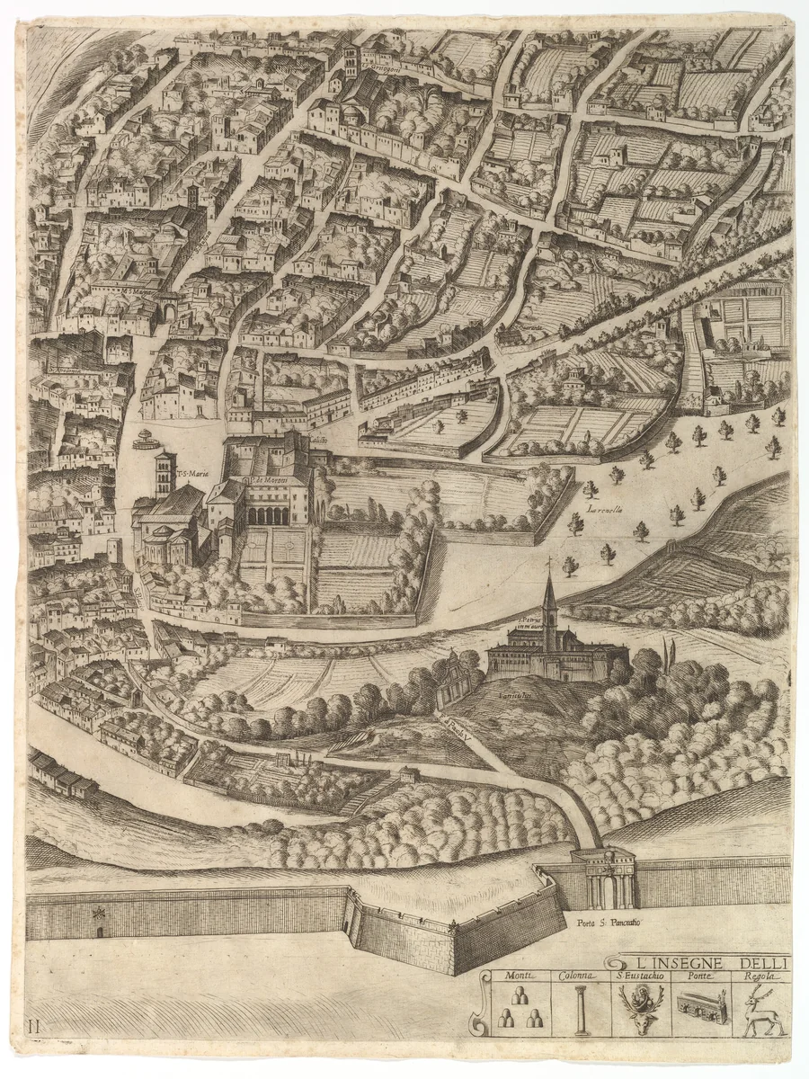 Plan of the City of Rome. Part 11 with the San Pancrazio (left bank) by Antonio Tempesta, print, 1645