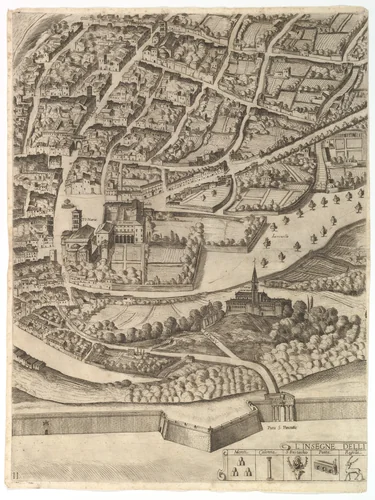 Plan of the City of Rome. Part 11 with the San Pancrazio (left bank) by Antonio Tempesta, print, 1645