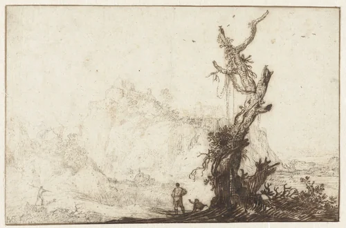 Bergachtig landschap met op de voorgrond een kale boom by Monogrammist BVB, drawing, 1600-1699