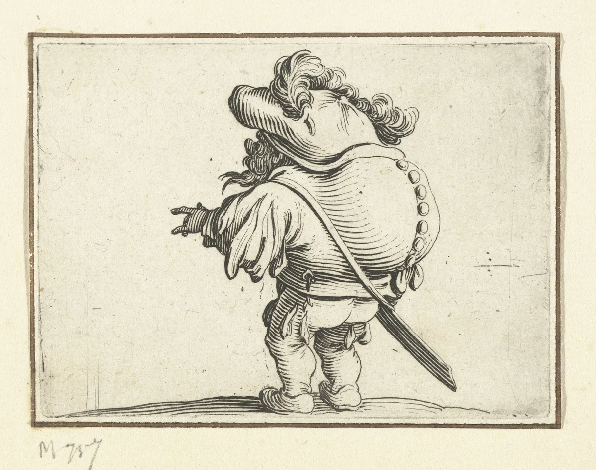 Kleine mens (karikatuur) met zwaard, een knopenrij op de rug by Jacques Callot, print, 1621-1625
