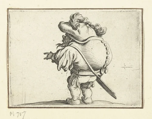 Kleine mens (karikatuur) met zwaard, een knopenrij op de rug by Jacques Callot, print, 1621-1625