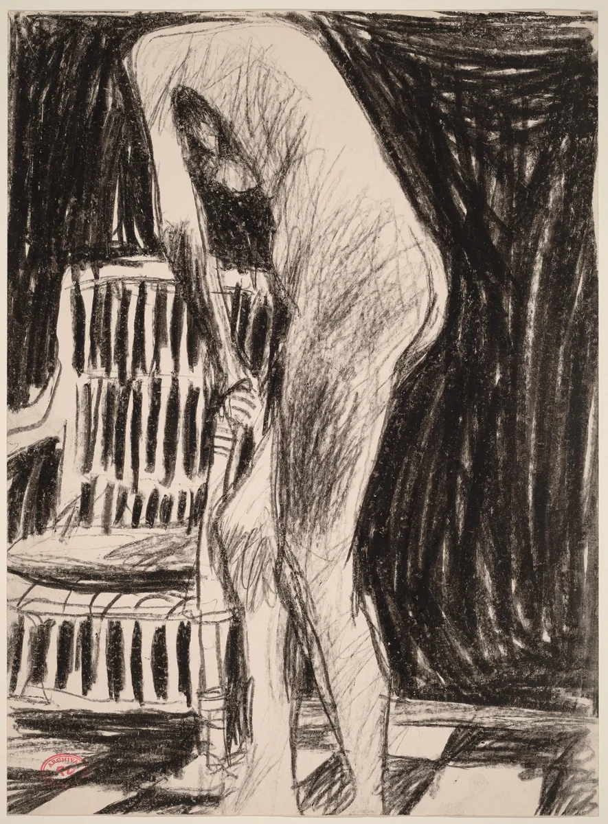 Untitled [standing female nude holding the arm of a chair] by Richard Diebenkorn, drawing, 1955-1967