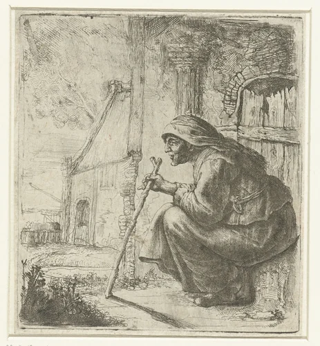 Oude vrouw bij de deur van een schuur by anonymous, print, 1630-1700