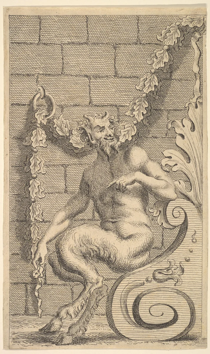 Sitting Satyrs by G. King, print, 1732