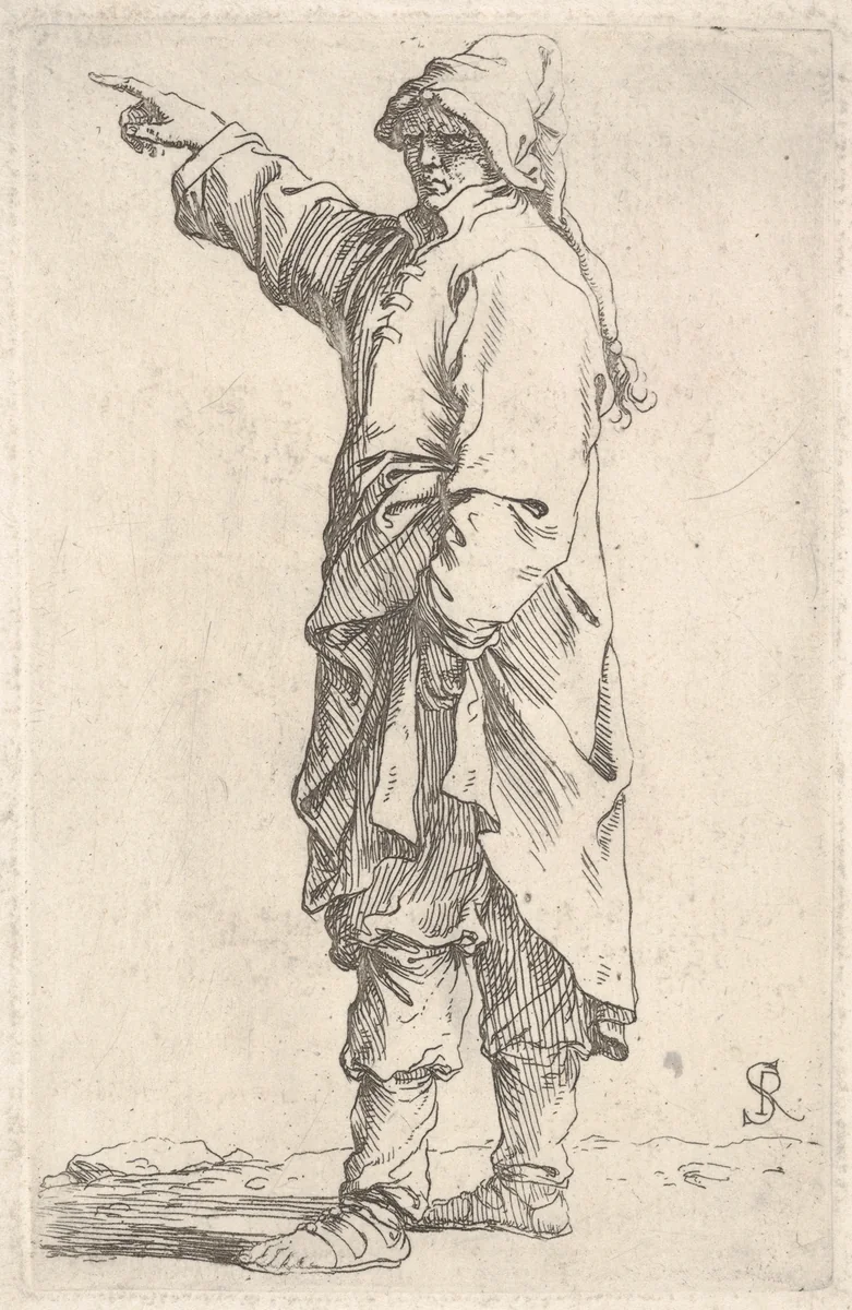 A man wearing a long outer garment and cap pointing to the left, from "Figurine" by Salvator Rosa, print, 1651-1661
