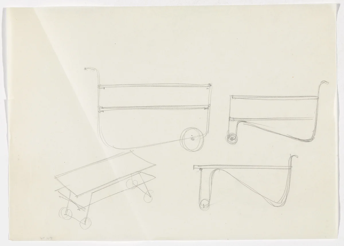 Serving Carts (Elevation sketches, perspective sketch) by Ludwig Mies van der Rohe, mies van der rohe archive, 1926