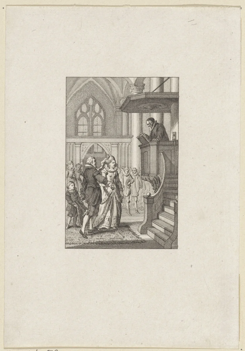 Huwelijk van Willem van Oranje en Charlotte de Bourbon, 1575 by Reinier Vinkeles, print, 1783-1795