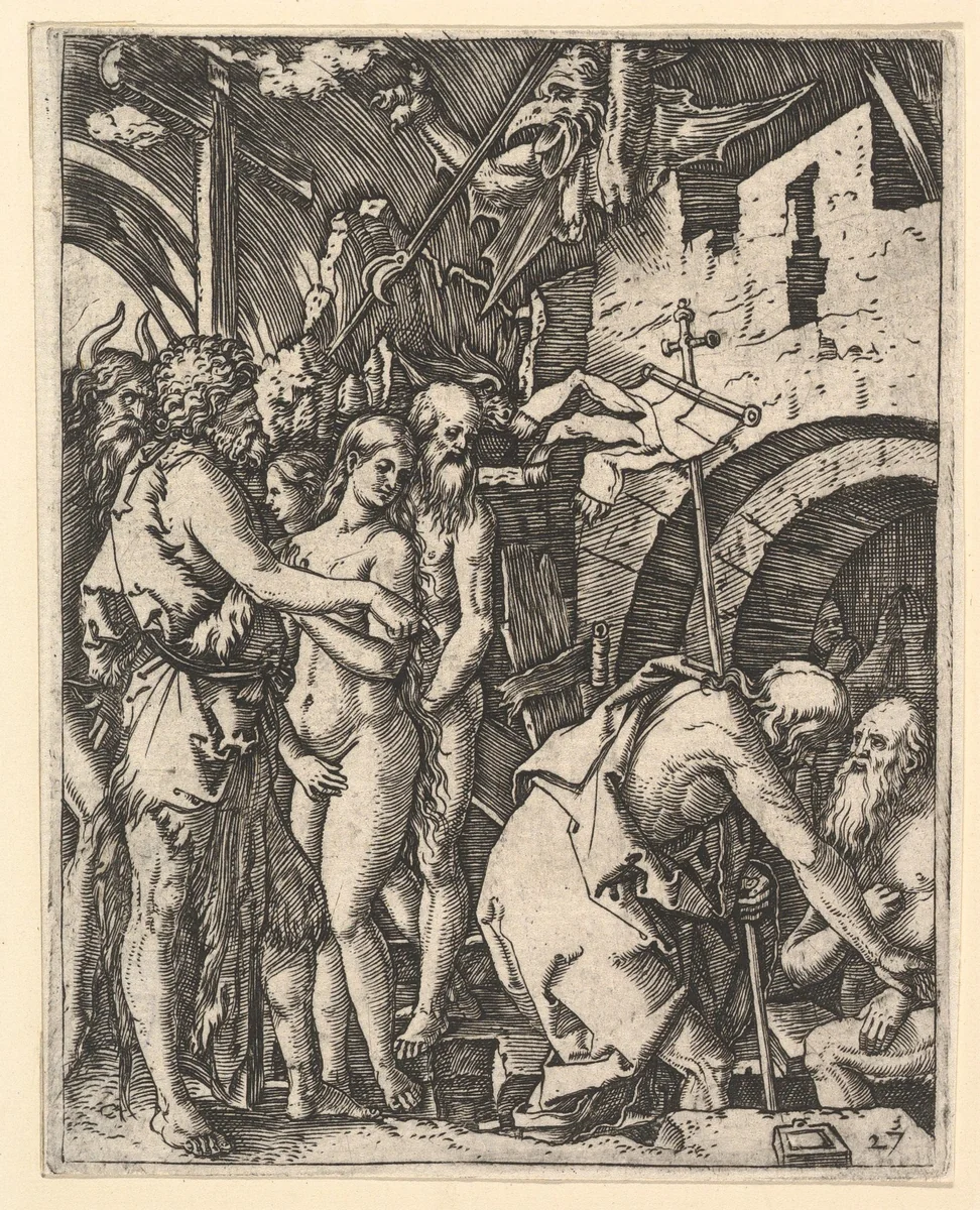 Christ in Limbo; Christ walking down to the arched gateway to Limbo on the right, on the left a group of people including Moses, John the Baptist, Adam and Eve, from "The Passion of Christ", after Dürer by Marcantonio Raimondi, print, 1495-1539