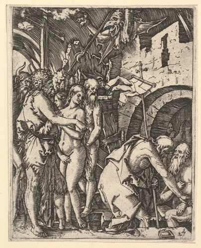 Christ in Limbo; Christ walking down to the arched gateway to Limbo on the right, on the left a group of people including Moses, John the Baptist, Adam and Eve, from "The Passion of Christ", after Dürer by Marcantonio Raimondi, print, 1495-1539