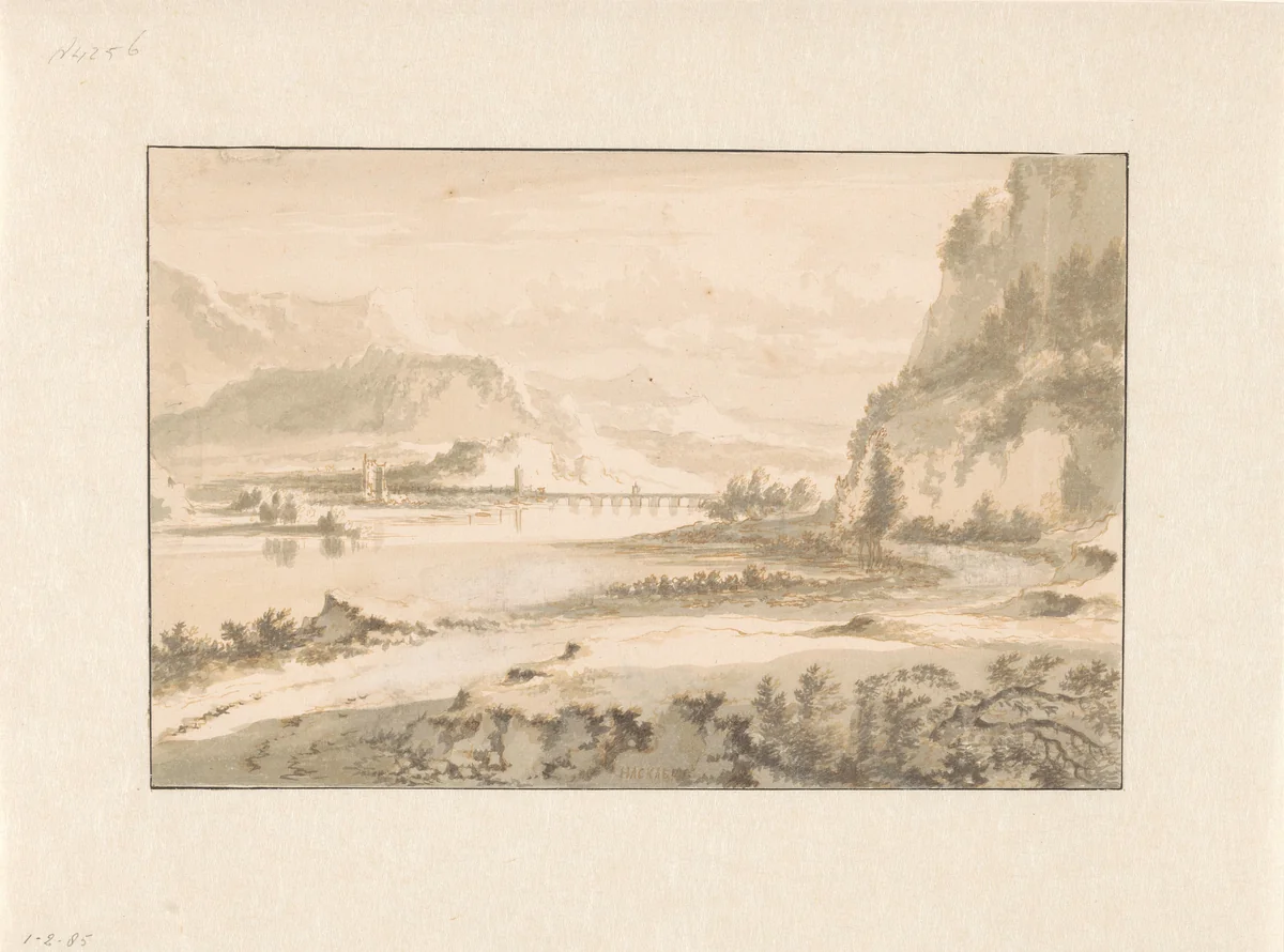 Mountain Landscape with a Stone Bridge over a River by Jan Hackaert, drawing, 1665-1675