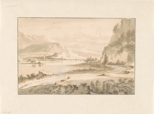 Mountain Landscape with a Stone Bridge over a River by Jan Hackaert, drawing, 1665-1675