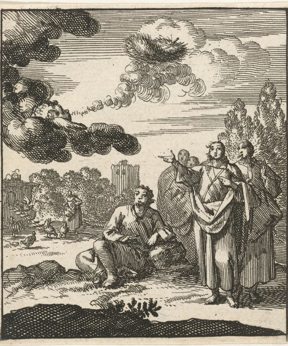 Vijf figuren kijken toe hoe een cherubijn vanaf een wolk een veer omhoog blaast by Jan Luyken, print, 1689