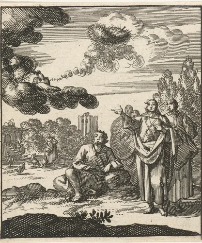 Vijf figuren kijken toe hoe een cherubijn vanaf een wolk een veer omhoog blaast by Jan Luyken, print, 1689