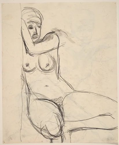 Untitled [female nude squatting beside a wall] [verso] by Richard Diebenkorn, drawing, 1955-1967