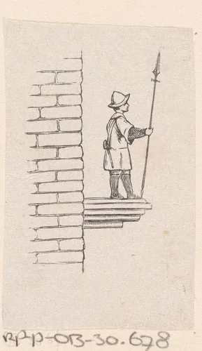 Wachter met een lans op een platform by Isaac Weissenbruch, print, 1836-1912