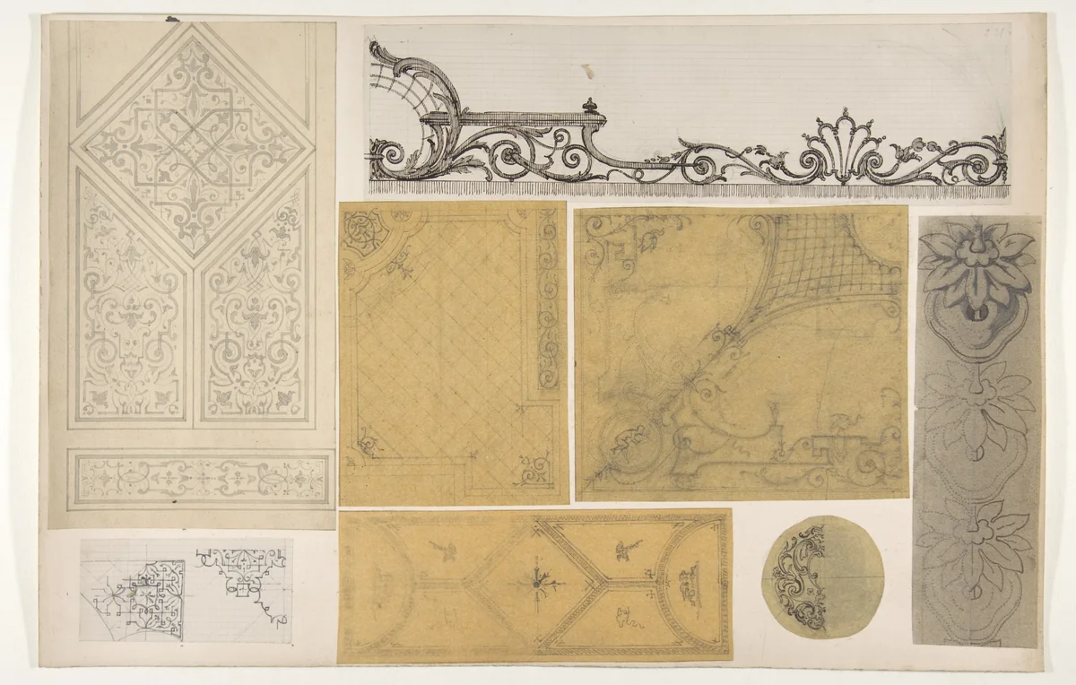 Eight designs for the painted decoration of interiors by Jules-Edmond-Charles Lachaise, drawing, 1830-1897