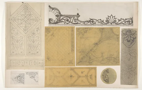 Eight designs for the painted decoration of interiors by Jules-Edmond-Charles Lachaise, drawing, 1830-1897