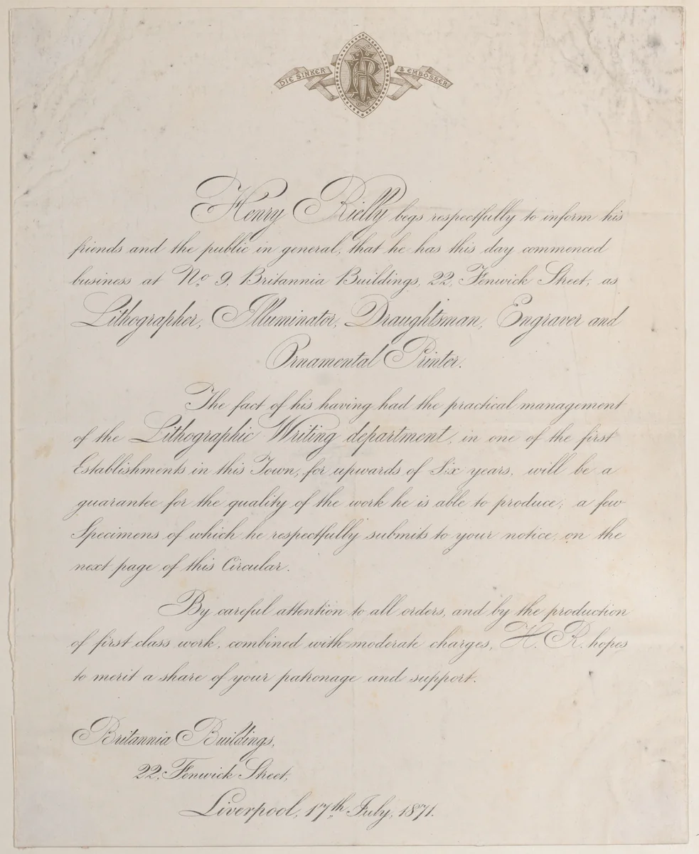 Trade card for Henry Rielly, lithographer, illuminator, draughtsman, engraver, and ornamental printer by anonymous, print, 1800-1900