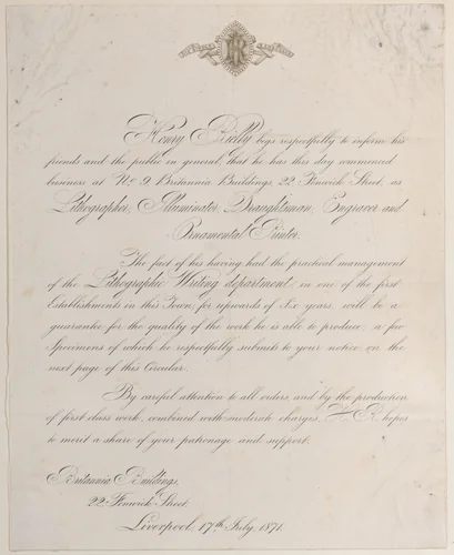 Trade card for Henry Rielly, lithographer, illuminator, draughtsman, engraver, and ornamental printer by anonymous, print, 1800-1900