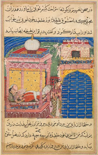 The deceitful wife persuades her husband to sleep in the same place where she had previously slept with her lover, from a Tuti-nama (Tales of a Parrot): Eighth Night by Unknown, painting, 1555-1565