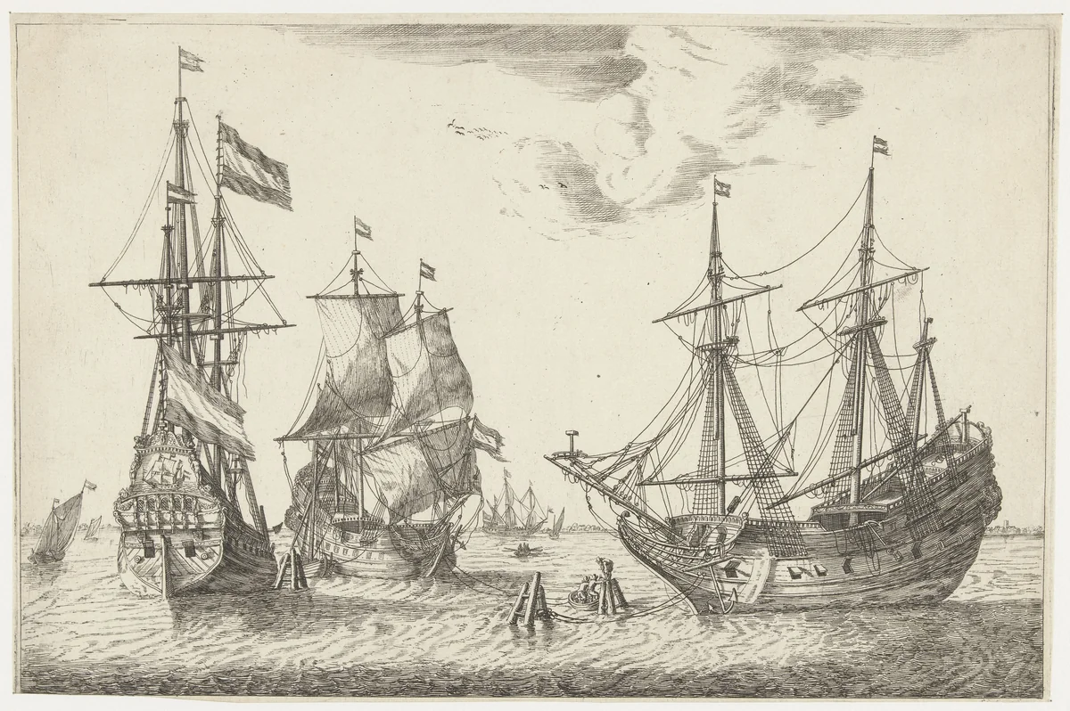 Drie aangemeerde zeilschepen by anonymous, print, 1650-1714
