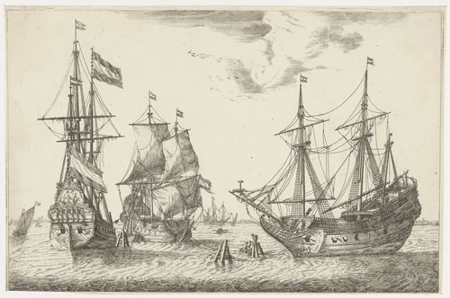 Drie aangemeerde zeilschepen by anonymous, print, 1650-1714