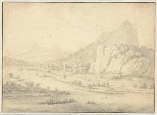 Mountainous River Landscape with Boats by Jan van der Meer, drawing, 1687