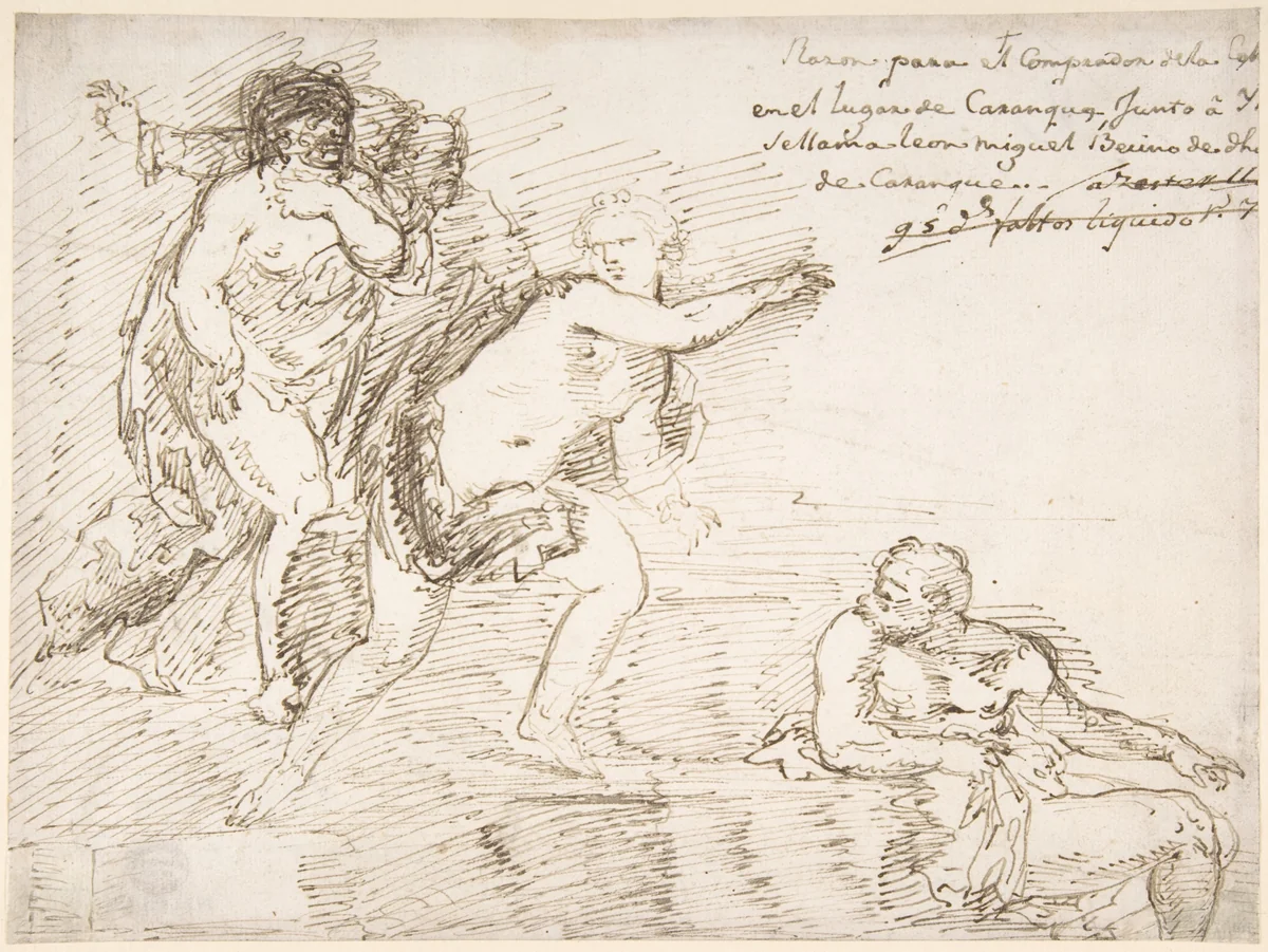 Unidentified Subject with Male Nudes at Left and Right, with a Female Nude at Center by anonymous, drawing, 1600-1700