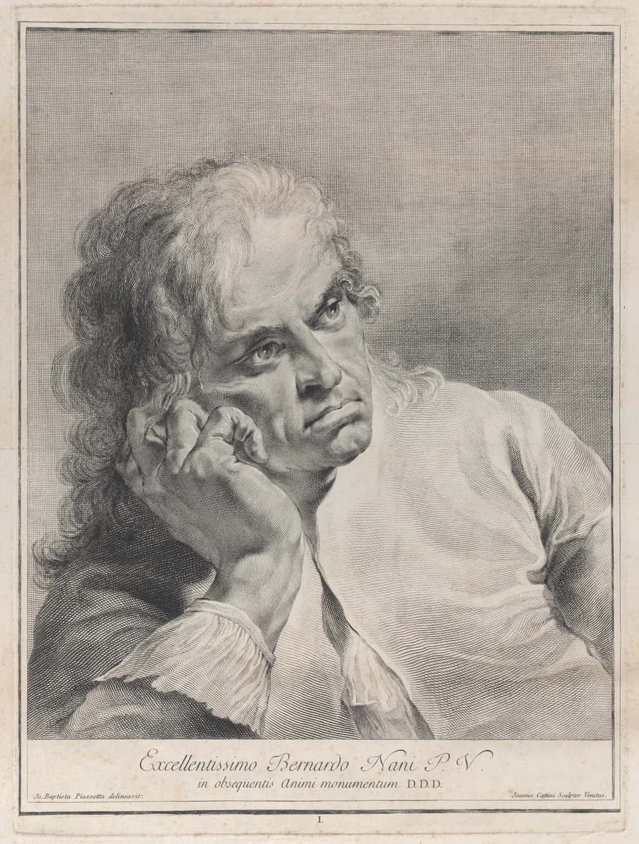 Plate 1: Pensive man resting his head on his hand; from 'Icones ad vivum expressae' after Giovanni Battista Piazzetta by Giovanni Cattini, print, 1743