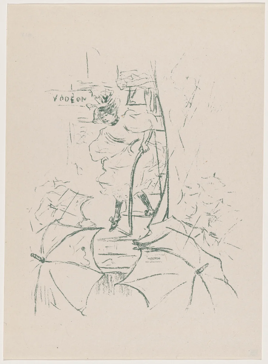 untitled (Woman descending onto a street of umbrellas) by Paul Edouard Crébassa, print, 1895