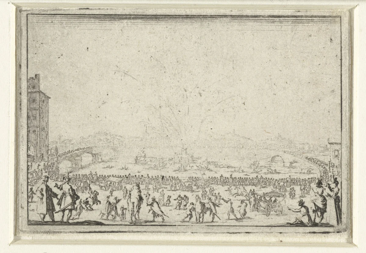 Vuurwerk op de Arno te Florence by Jacques Callot, print, 1621