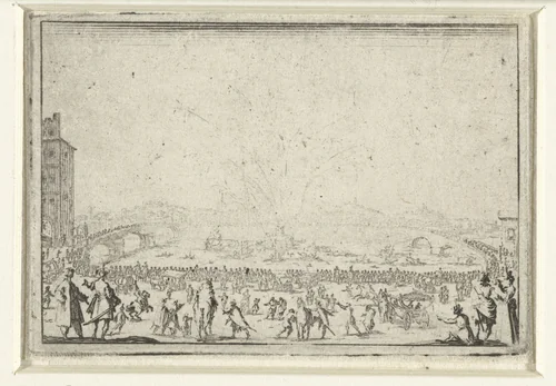 Vuurwerk op de Arno te Florence by Jacques Callot, print, 1621