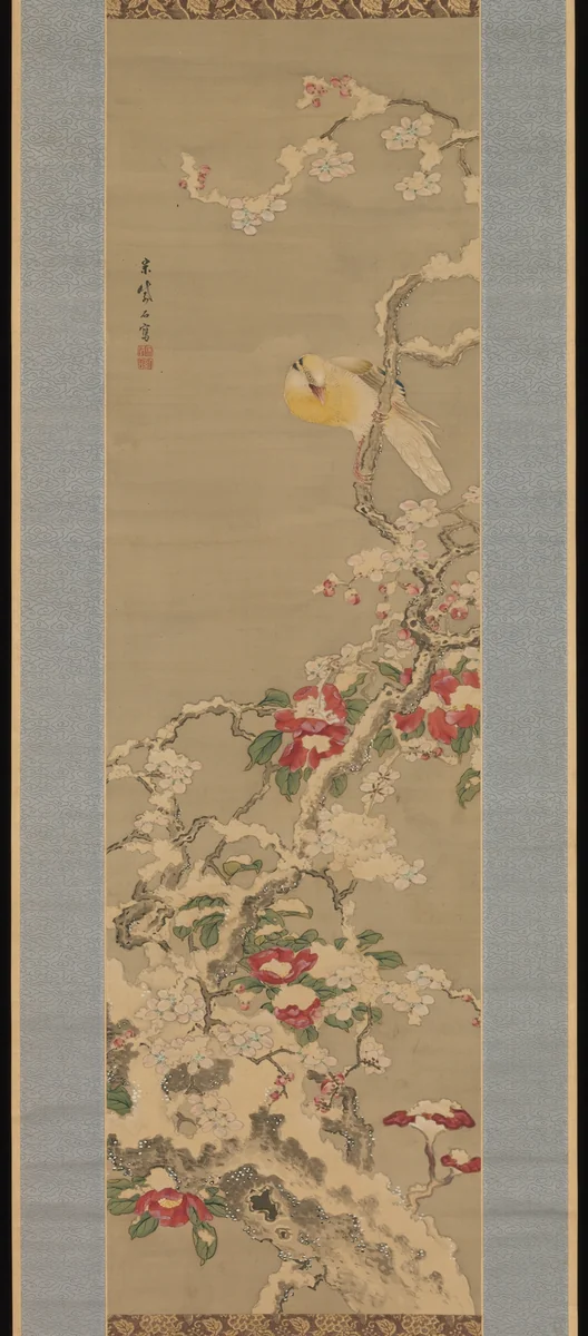 Bird among Camellias in Snow by Sō Shiseki (宋紫石), painting, 1734-1766