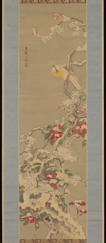 Bird among Camellias in Snow by Sō Shiseki (宋紫石), painting, 1734-1766