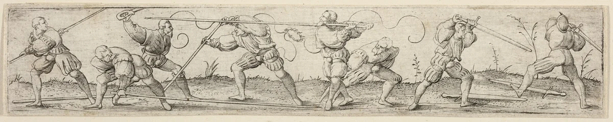 Eight Soldiers Engaged in Fencing Exercises by Virgil Solis, print, 1536-1546