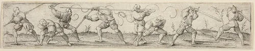 Eight Soldiers Engaged in Fencing Exercises by Virgil Solis, print, 1536-1546