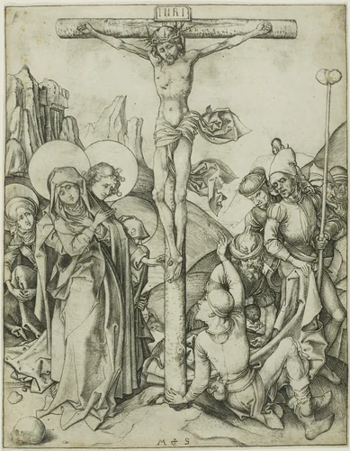 The Crucifixion with the Holy Women, St. John and Roman Soldiers by Martin Schongauer, print, 1450-1491