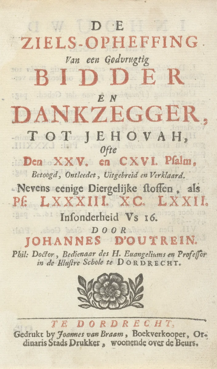 Titelpagina voor: J. d'Outrein, De ziels-opheffing, 1702-1703 by Arnold Houbraken, print, 1701-1703