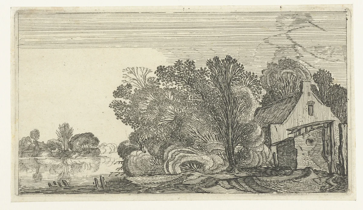 Boerderij tussen bomen aan een rivier by anonymous, print, 1610-1650