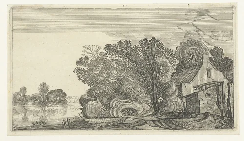 Boerderij tussen bomen aan een rivier by anonymous, print, 1610-1650