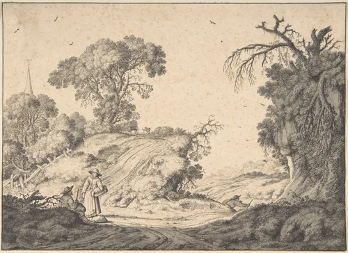 Peasant Couple in an Extensive Landscape by Johannes Goedaert, drawing, 1625-1668