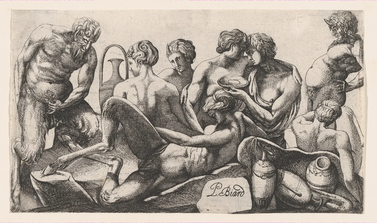 Eight Satyres and Satyresses Finishing a Meal by Pierre Biard II, print, 1607-1661