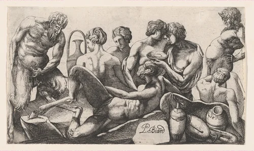 Eight Satyres and Satyresses Finishing a Meal by Pierre Biard II, print, 1607-1661