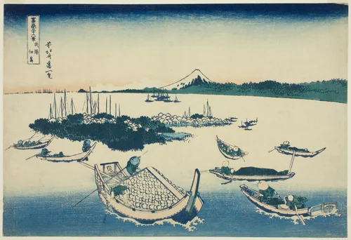 Tsukudajima in Musashi Province (Buyo Tsukudajima), from the series "Thirty-six Views of Mount Fuji (Fugaku sanjurokkei)" by Katsushika Hokusai (葛飾 北斎), print, 1825-1838