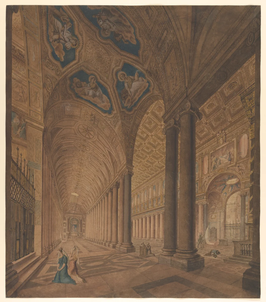 Interior View of the Basilica of Santa Maria Maggiore, Rome by Anton Hallmann, drawing, 1833