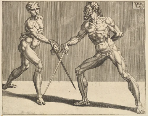 Two Fencers, from Fencers, plate 5 by Dirck Volckertsz. Coornhert, print, 1552